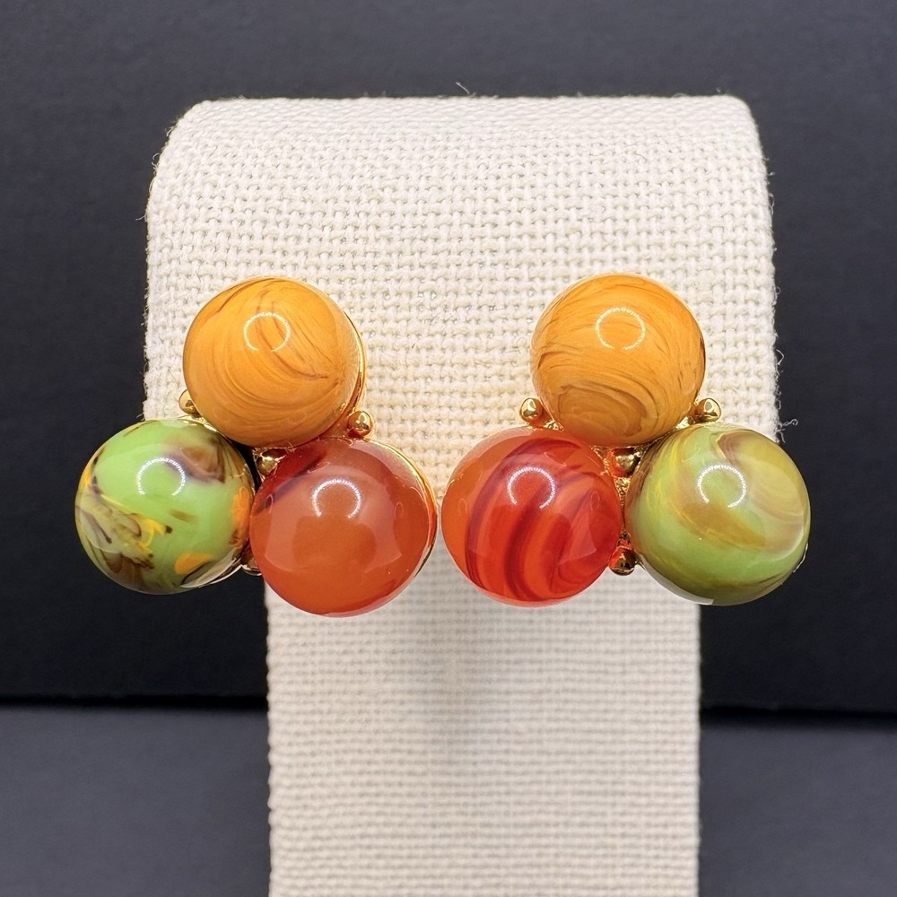 Vintage Joan Rivers Swirl Lucite Beaded Cluster Orb Pierced Earrings Autumn Fall